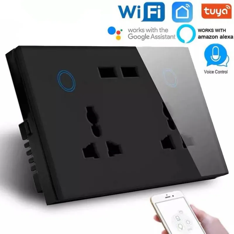 Tuya WIFI Smart Control Dual Wall Socket with USB Port Universal Electrical Plug Power Outlet Touch Switch Alexa Google Voice