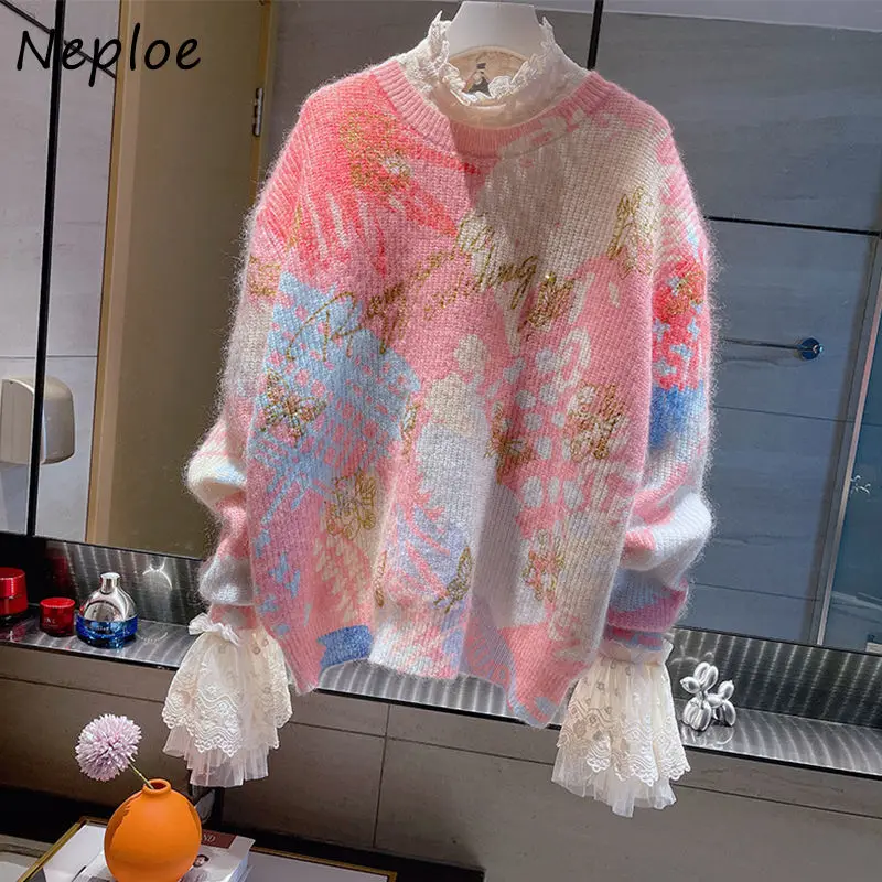 Neploe Tie-Dye Rainbow Sweater 2024 Autumn Winter Fashion Age-Reducing Clothing Femme Japanese Western Style Knitted Sweater