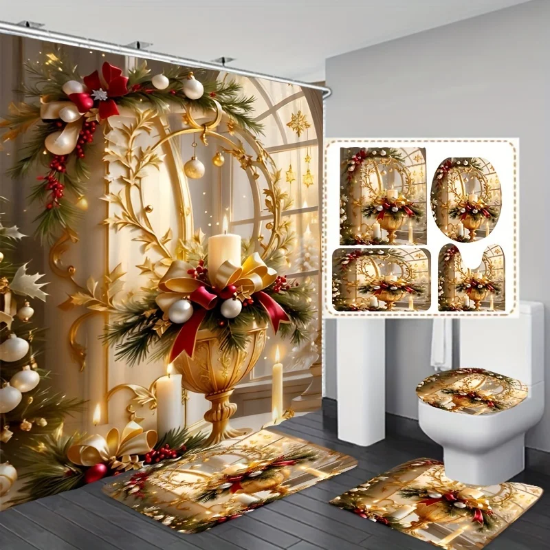 Christmas Themed Bathroom Set with Festive Candle and Wreath Design, Fade-Resistant Polyester Bath Ensemble Includes Machine Was