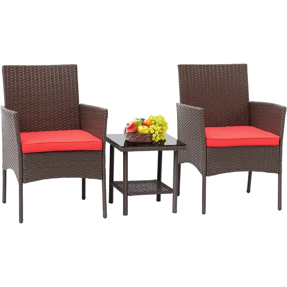 FDW 3 Piece Bistro Conversation Set Patio Brown Wicker Chairs Furniture Outdoor Furniture Set 2 Rattan Chairs with Red Cushions