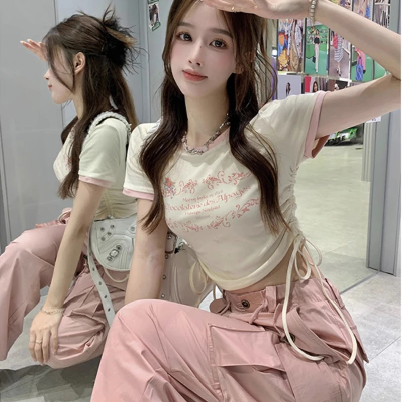 Women T-shirts Panelled Summer Sweet Girls All-match Letter Printed Japanese Y2k Fashion Slim O-neck Casual Streetwear Tops Cute