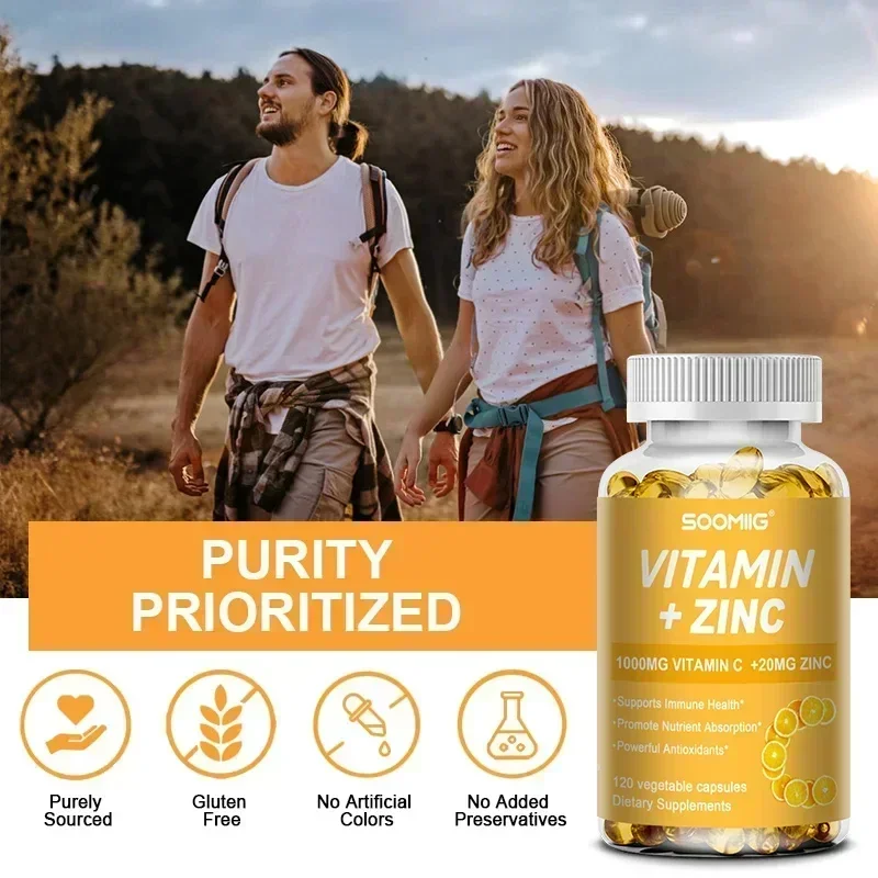 Vitamin C + Zinc, 1000 mg Vitamin C and 20 mg Zinc, Immune Support Dietary Supplement, Improves Nutrient Absorption, Antioxidant