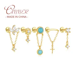 CANNER 1PC S925 Sterling Silver Tassels Chain Zircon Flower Cartilage Piercing Flat Stud Earring for Women Tragus Jewelry Gifts