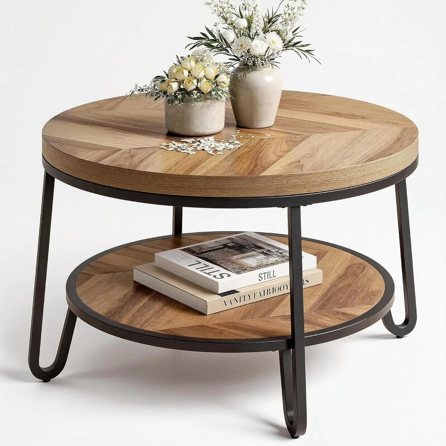 

32" Round Coffee Table, Wood Coffee Table For Sectional Sofa With 2-Tier Storage Shelves, Farmhouse Center Table Wi