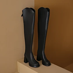 Winter Women2023 New  Over The Knee Boots Platform Square High Heel Ladies Long Boots  Leather Round Toe Zipper Party  Shoes