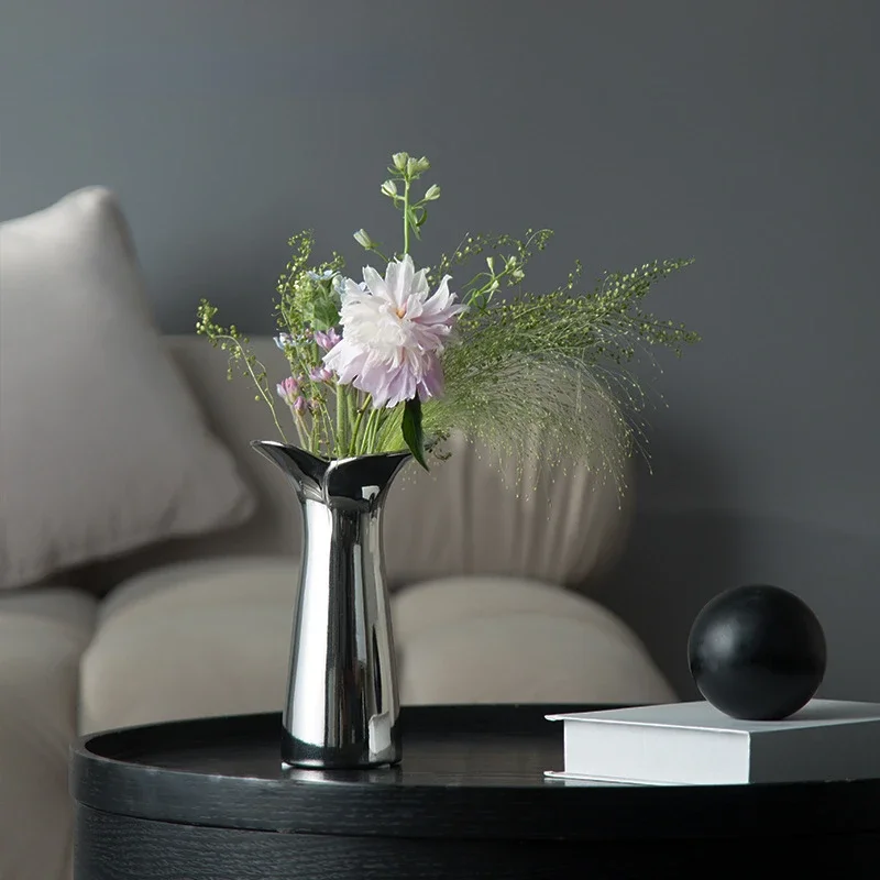 Silver Ceramic Vase Abstract Geometry Floral Arrangement Accessories Flower Vase Terrarium Home Decoration Accessories