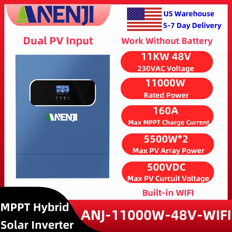 

ANENJI 11KW Hybrid Solar Inverter 48v 220v Dual PV Input Built-in 160A MPPT Solar Charge Controller With WiFi MAX PV 500VDC