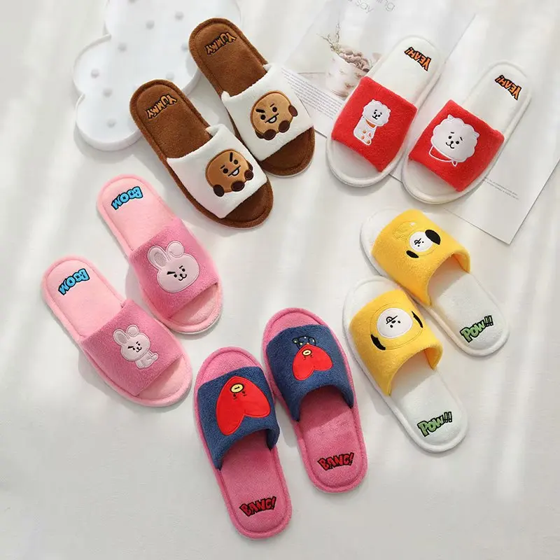 Anime Cartoon Bt21 Tata Chimmy Cooky Cotton Slippers Spring Autumn Indoor Non-Slip Slippers Plus Velvet Couple Plush Slippers