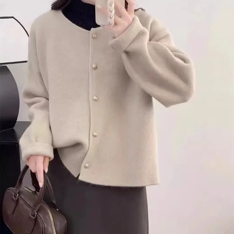 

Round Neck Knitted Cardigan Sweater Jacket Women Korean Autumn and Winter New Loose Casual Single Breasted Solid Color Shirt