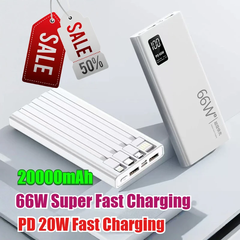66W 20000mAh Super Fast Charging Power Bank with Built-in Cable Large Capacity Portable Charger for Full range of smartphones