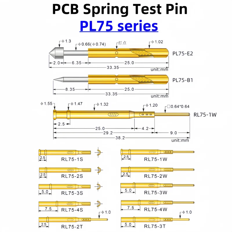 PL75 Series Nickel Plated Brass Spring Test Probe Test Pin Pogo Pin Electric Needle PCB Test Tool PL75-B PL75-B1 33.35mm 1.02mm