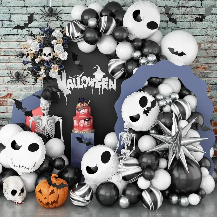 

Halloween Balloon Arch Kit Black White Skeleton Balloons Halloween Decorations Balloon Garland with Explosion Star Skull Foil B