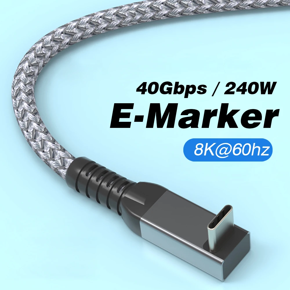 Thunderbolt USB 4 Cabo De Transferência De Dados, Ângulo De 90 Graus, 40Gbps, Cotovelo USB4, Tipo C, Thunderbolt3, PD240W, Carregamento Rápido
