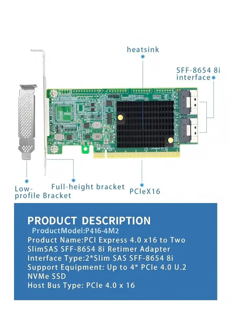 4.0 x16 to Two SlimSAS SFF-8654-8i Refimer Adanter