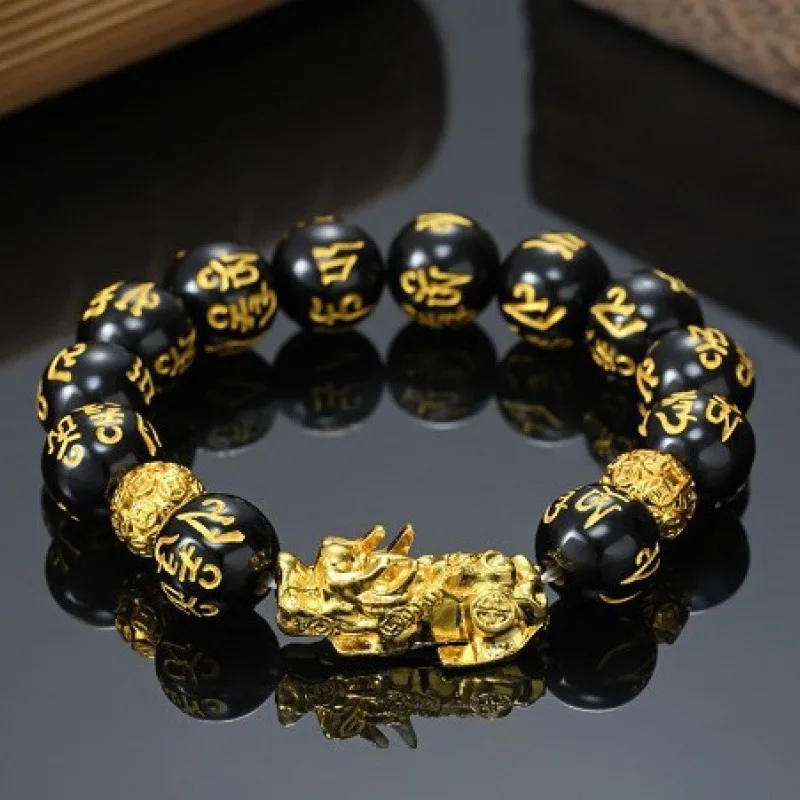 Hot Selling Imitation Black Obsidian Gold-Plated Pixiu Bracelet with Six Words Mantra  Pixiu Bracelet Stock Money Bead Pixiu