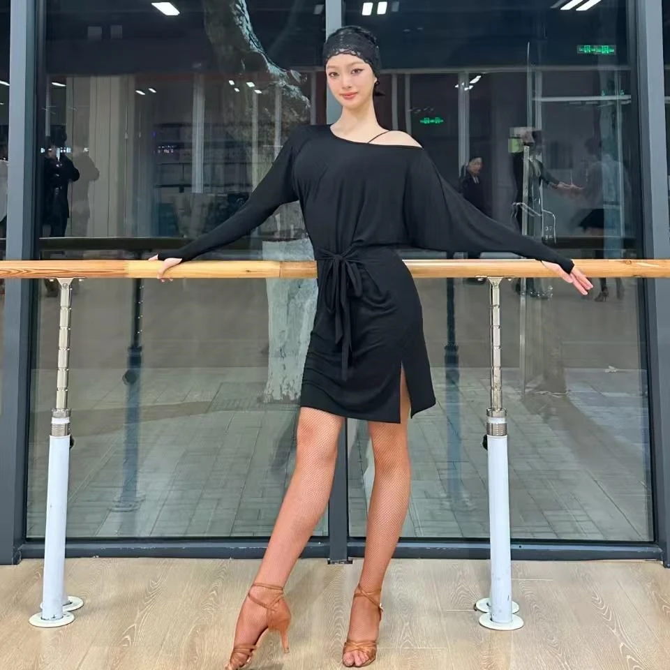 

Костюмы для латинских танцев, платье с открытыми плечами и длинными рукавами, тренировочная одежда, одежда для самбы, танго, танцевальная практика