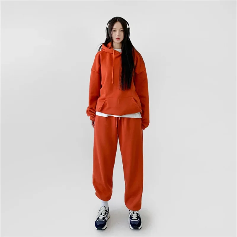 

2023 Women Casual Two Piece Sets Solid Thick Hooded Tops Sweatshirts Full Sleeve Elastic Waist Loose Pants Set Autumn Winter