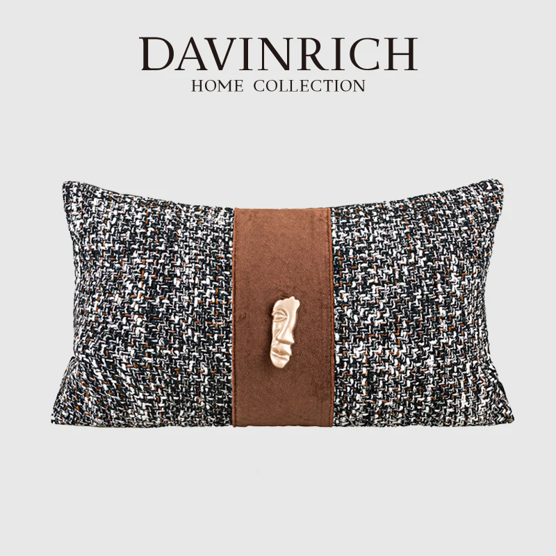 DAVINRICH Modern Decorative Lumbar Throw Pillow Cover With Leather Strip And Gold Face Emblem Luxe Cushion Case For Hotel Office