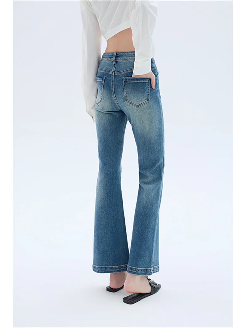 Calça jeans justa e larga feminina com bolsos, decorativa, versátil, de cintura média, azul escuro, feminina, início do outono, nova