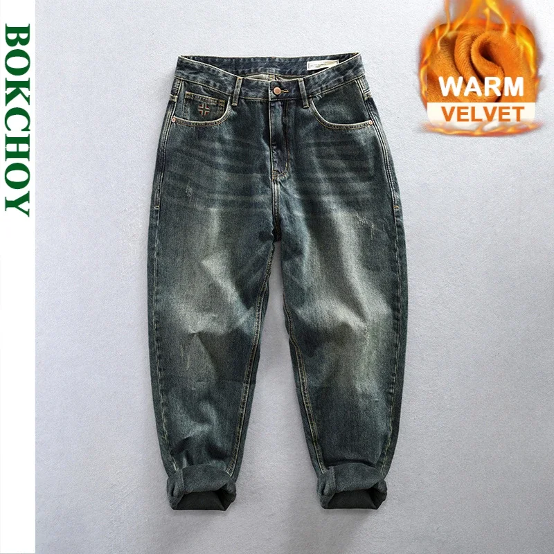 Autumn New Vintage Thicked Velvet Cargo Jeans for Men Clothing Soft Cotton Men Zipper Joggers Men Pants K1027V