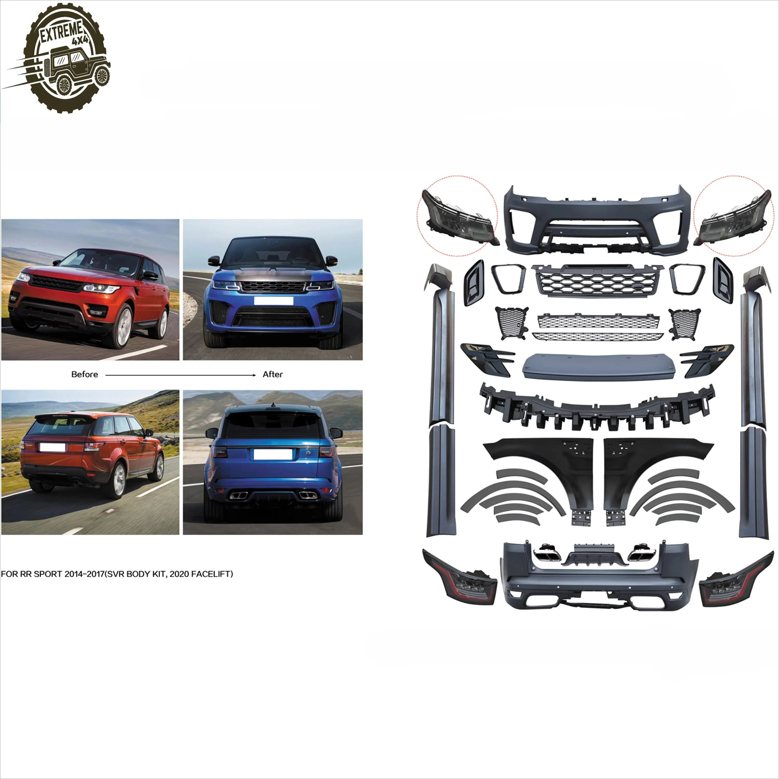 

Top Quality PP Plastic Body Kit for Range Rover Sport L494 2014-2017 Upgrade to 2020 SVR Style Bumper Headlight