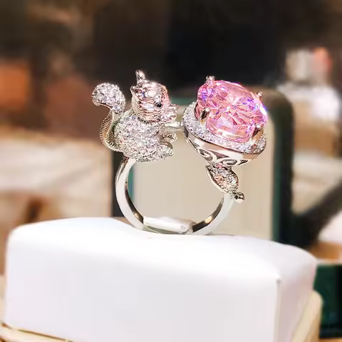 2024 New 925 Silver Plated Ring for Women's Creative Squirrel Pink Zircon Ring By Mouth Adjustable Jewelry Anniversary Gift