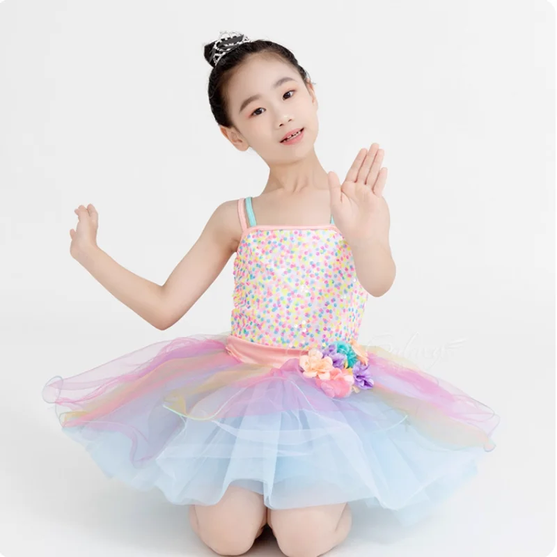 Crianças meninas profissional crianças ballet desempenho collants ginástica tutu bodysuit ballet colorido lantejoulas fio saia estilingue