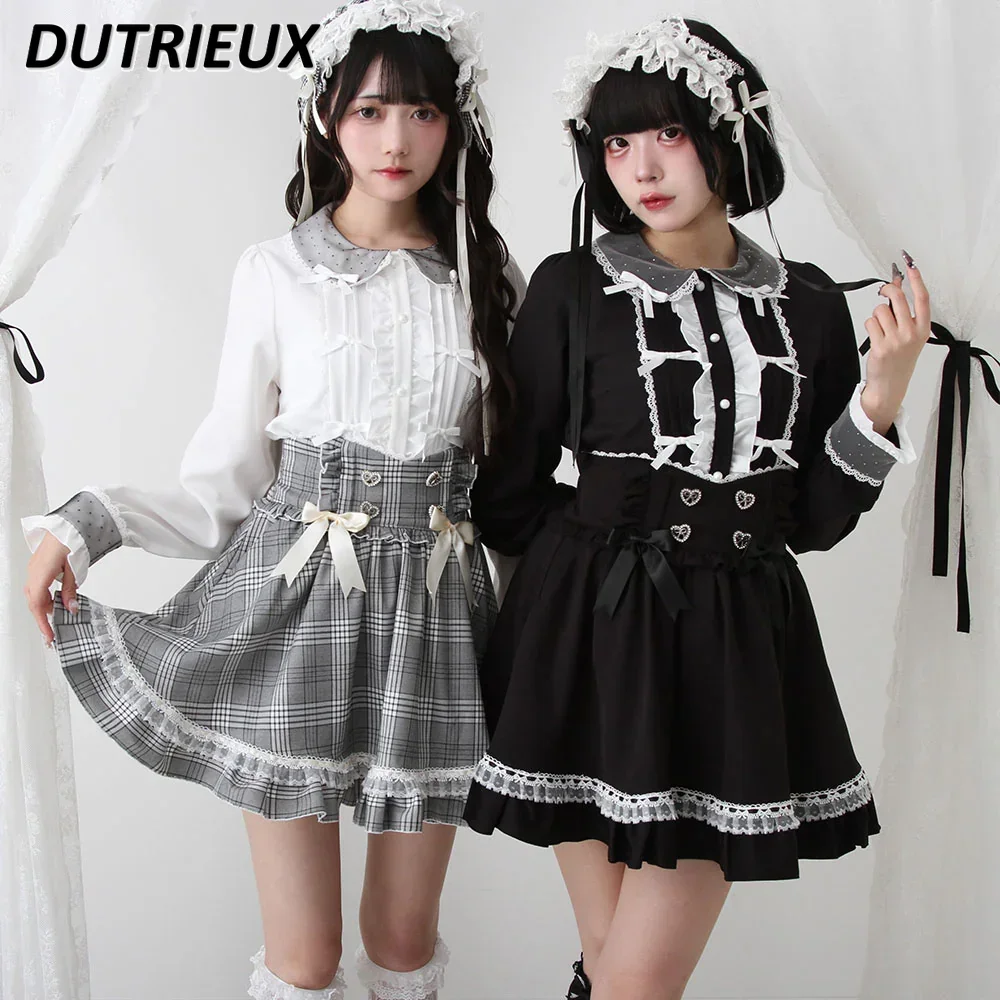 Primavera outono japonês doce e bonito lolita camisa arco renda emenda blusas casuais cor sólida interior manga longa topos para mulher