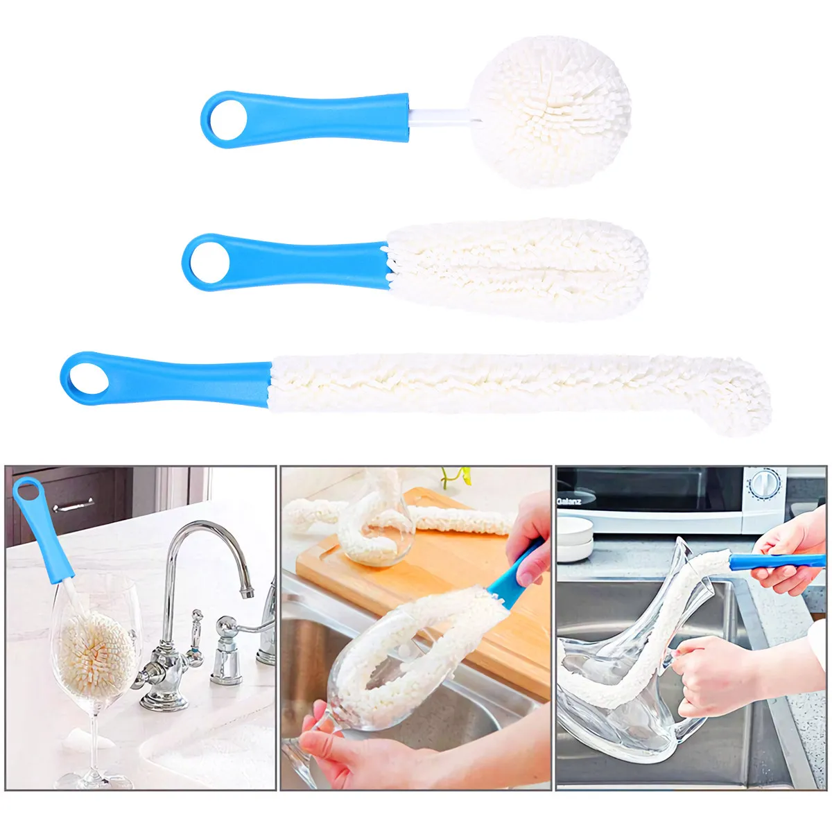 

3Pcs Household Cleaning Tool Set Flexible Sponge Brushes for Wine Decanter Cups Coffee Pots Bottle Cleaning Brush