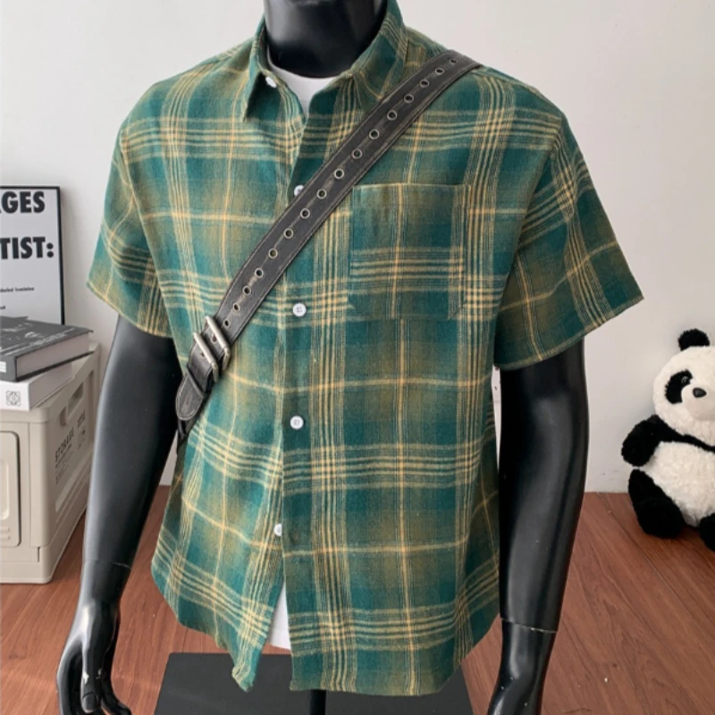 

Green Yellow Plaid Shirt Men Shirts 2024 New Summer Fashion Chemise Homme Mens Checkered Shirts Short Sleeve Shirt Men Blouse