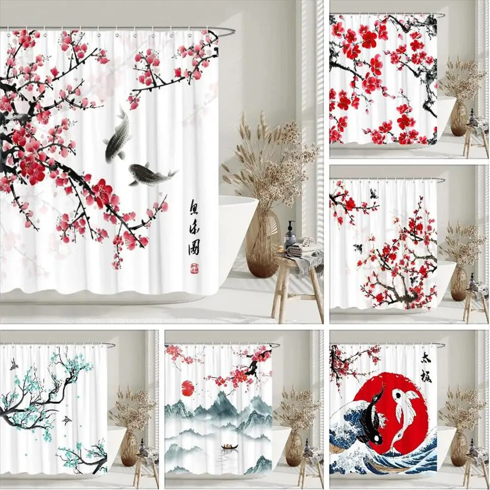 

Aesthetic Floral Shower Curtain Watercolour Plum Artist Home Bathroom Decor Polyester Washable Shower Curtains Set With Hooks