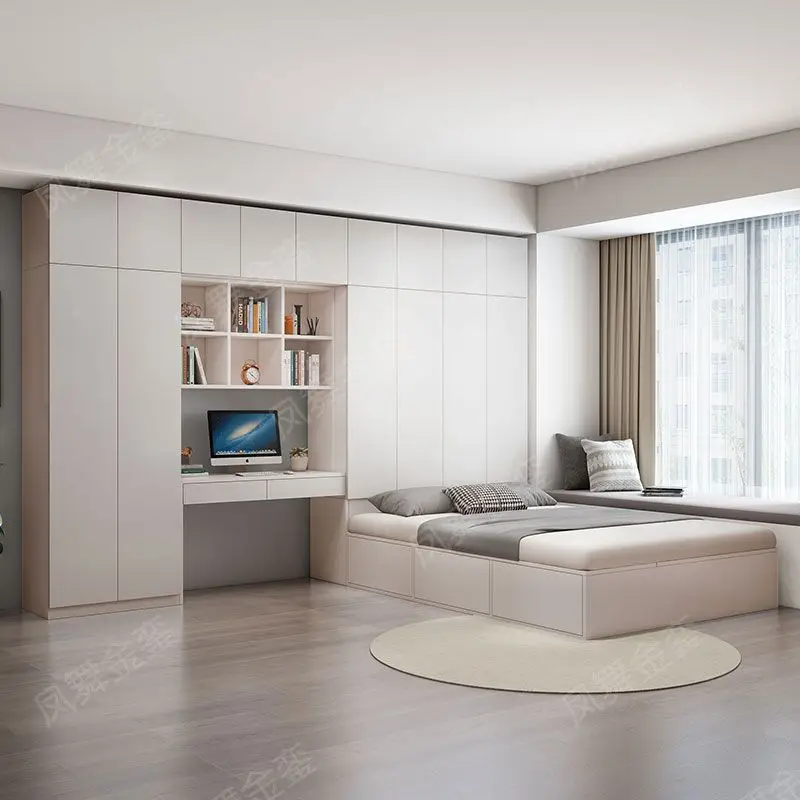 

Wholesale tatami bed wardrobe integrated modern simple bedroom bed with desk rack combination multi-functional small apartment