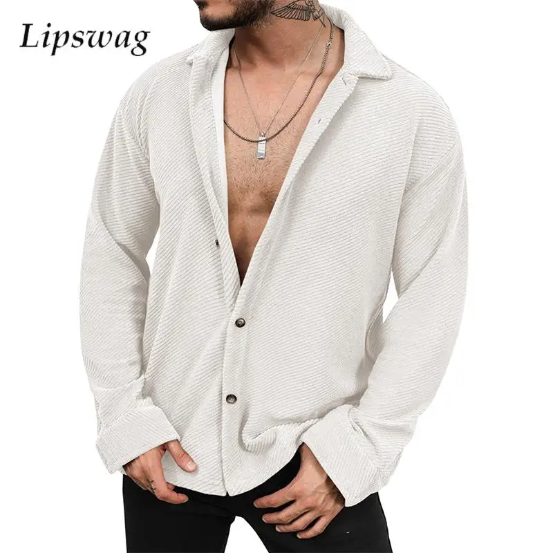 

Vintage Corduroy Shirts Mens New Casual Solid Color Turn-down Collar Buttoned Long Sleeve Cardigan Tops Autumn Stylish Men Shirt