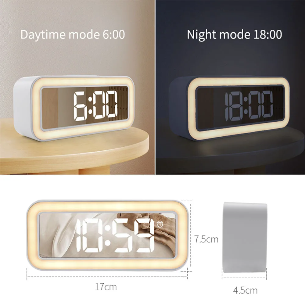 TS-3002 Alarm Clock LED Digital Night Light Mirror Thermometer Type-C USB Output Table Dual Snooze Alarm 3 Gear Brightness Clock