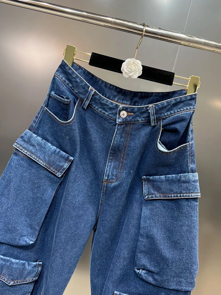 Imagem -03 - Twotwinestilo-jeans de Perna Larga para Mulheres Cintura Alta Bolsos Patchwork Calças Jeans Sólidas Roupas Femininas Streetwear Y2k Novo 2023