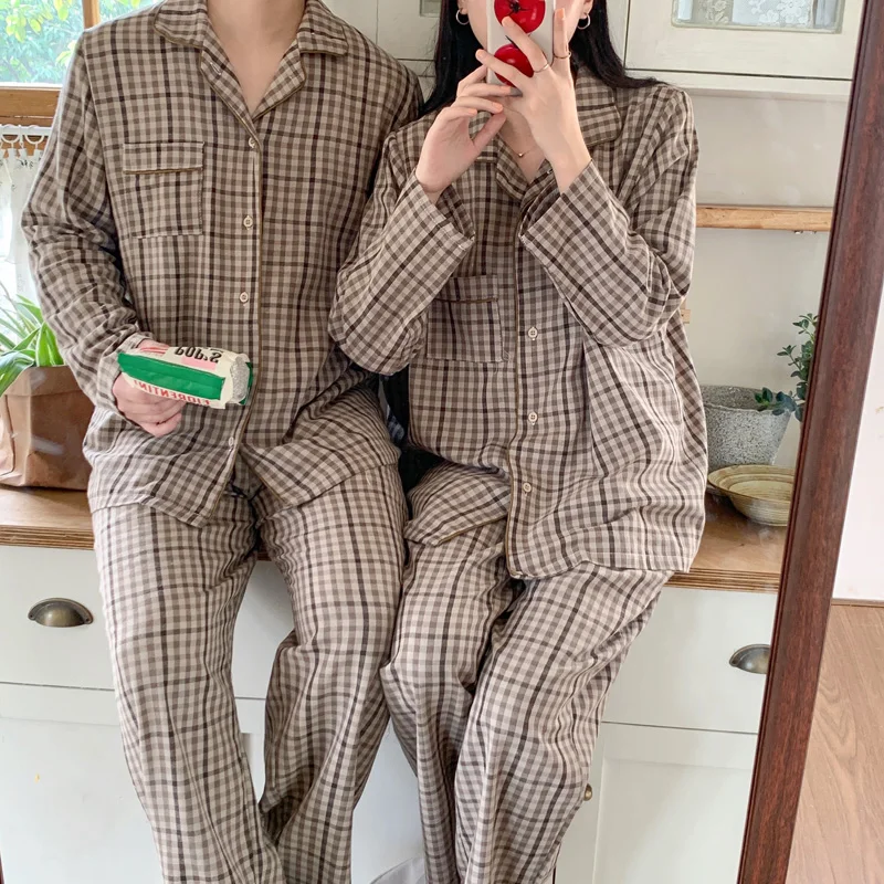 Vintage Plaid Autumn Pajamas Set Women Single Breasted Shirts + Trousers Cotton Couple Lovers Sleepwear Home Suit Casual Elegant