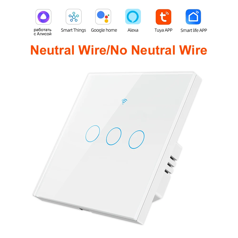 Tuya Smart Wifi Lichtschakelaar Geen Neutrale Draad Touch Panel EU 1/2/3 Gang Wandschakelaar Draadloze bediening Spraakbesturing Alexa Google
