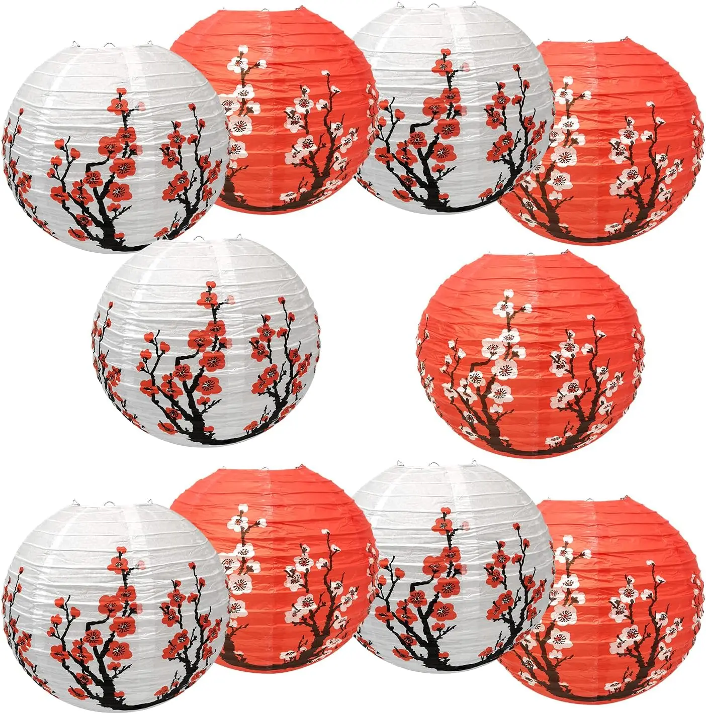 10 Cherry Flowers Paper Lanterns, 12 inch Blossom Lantern 5 Red + 5 White for Restaurant Home Wedding Party Decoration