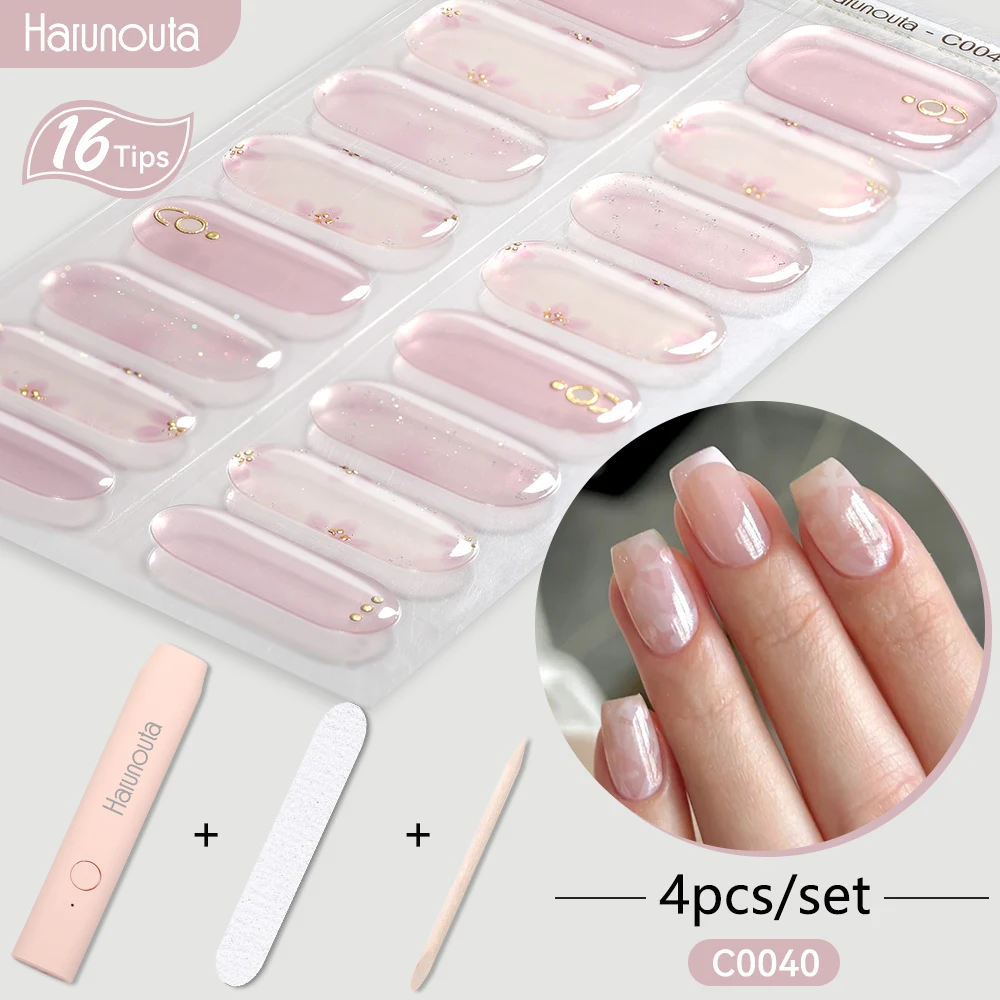 Harunouta 1 Set Flower French Semi Cured Gel Nail Strip with UV Lamp Long Lasting Gel Polish Nail Stickers Waterproof Full Cover