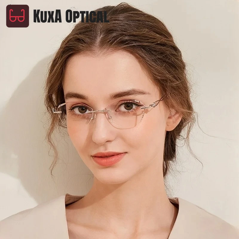 

Women Rimless Eyeglass Titanium Gray Red MR-8 Durable Lenses Elegant Prescription Sunglasses UV Protect Lady Diamonds Glasses
