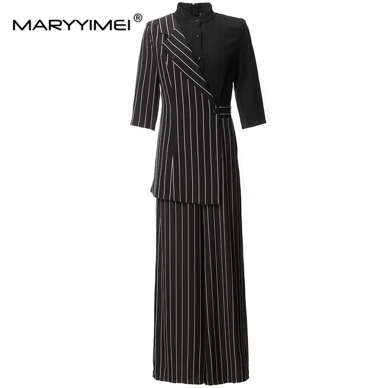 

MARYYIMEI Fashion Women's 2024 Spring New Stand-Up Collar Striped Printed Short-Sleeved Single-Breasted Patchwork Black Jumpsuit