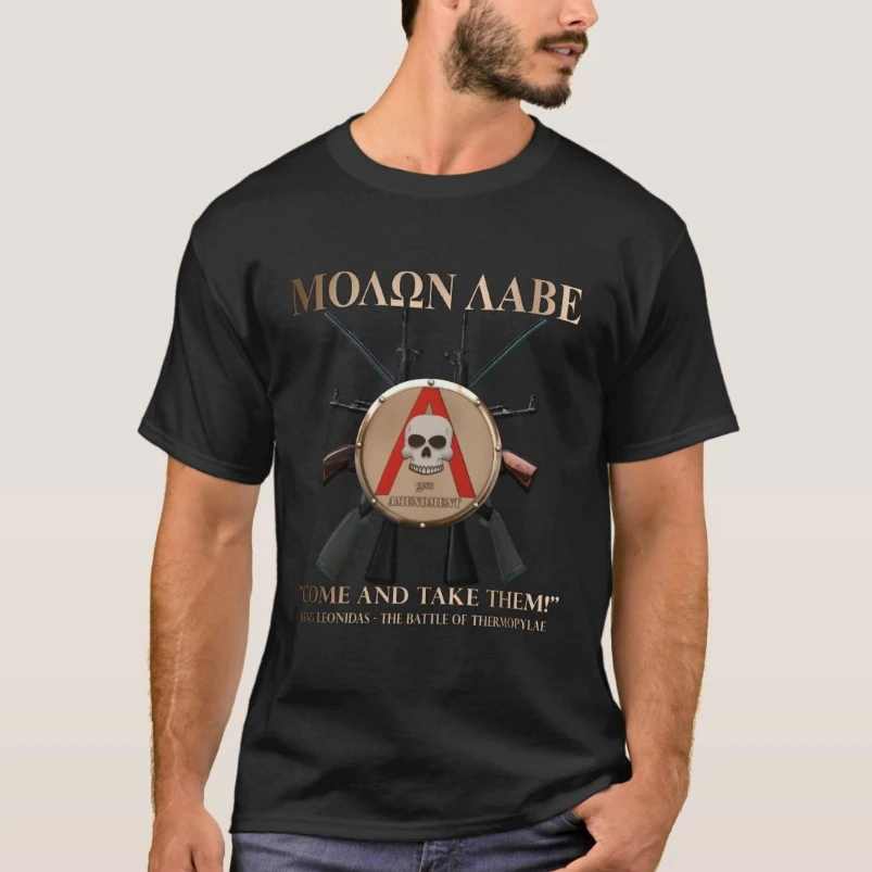 

Molon Labe 2nd Amendment Spartan Shield Crossed Rifle T-Shirt Short Sleeve Casual 100% Cotton O-Neck Summer Mens T Shirt