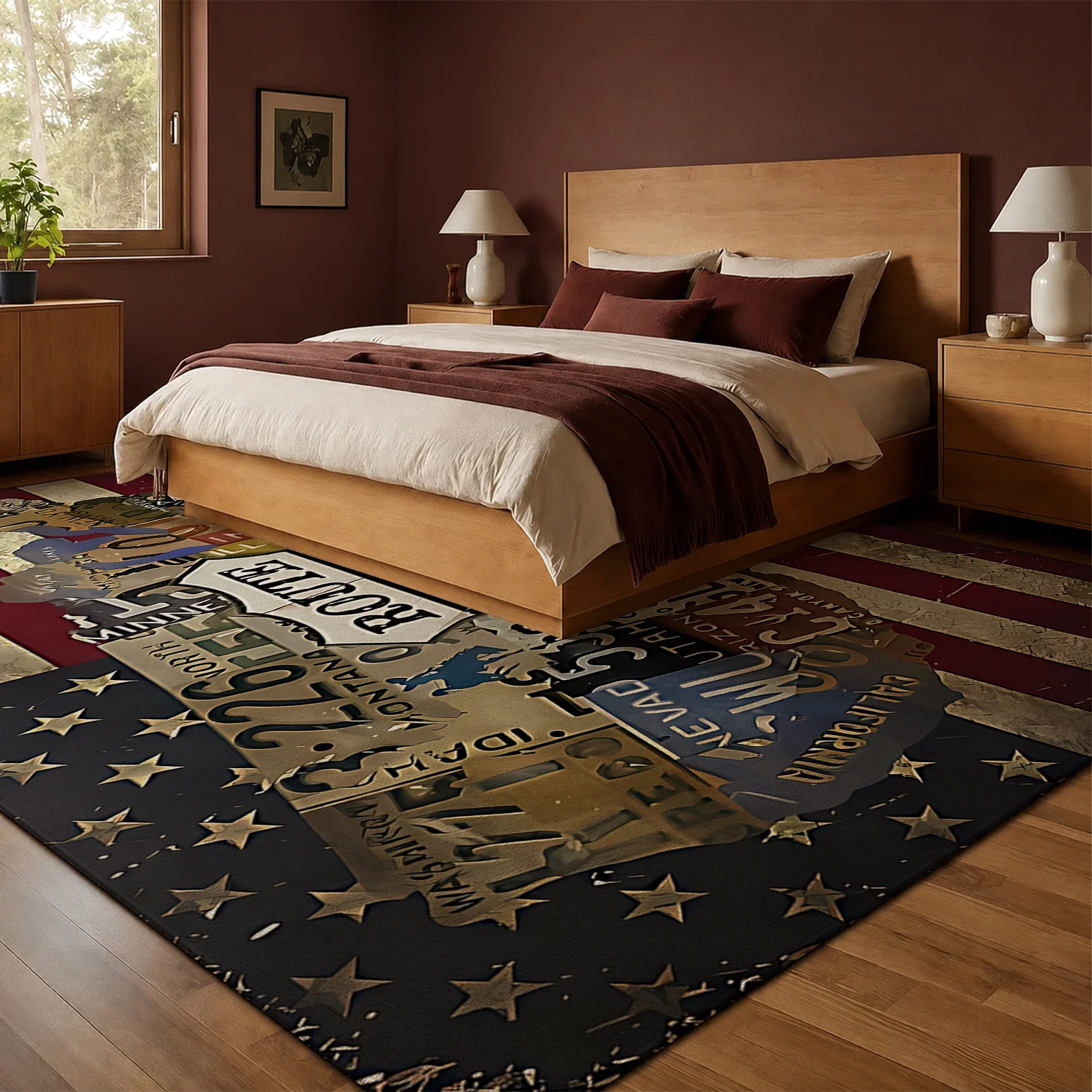 Large Indoor Area Rug, Soft Velvet Low Pile Rug with Non-slip Dotted Backing, Machine Washable Vintage Route 66 US Flag License Plate Pattern Rug for Living Room, Bedroom, Decorative Floor Mat