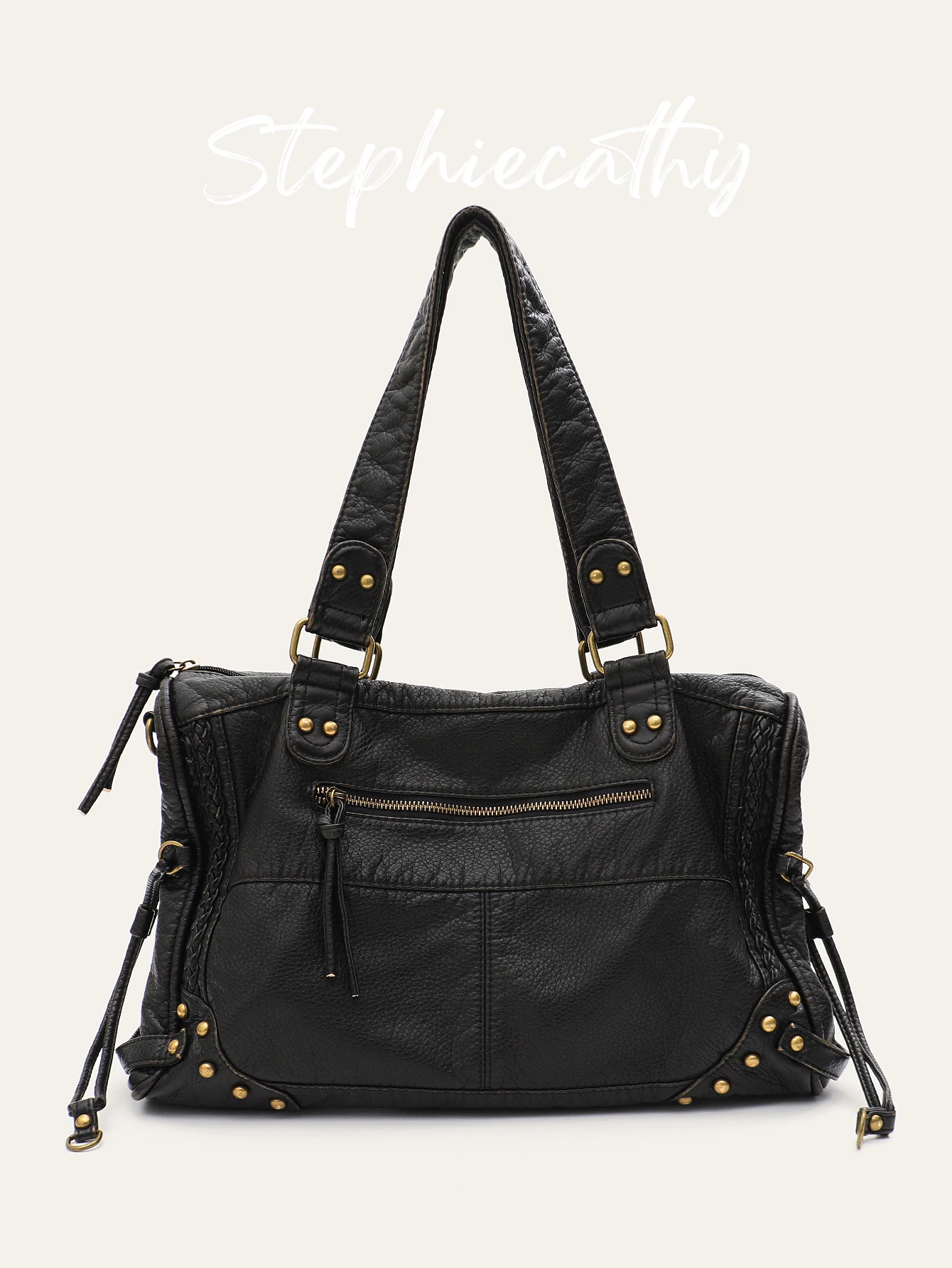 

SC Women's Shoulder Bag Retro Casual Cool Street Brush off Washed PU Leather Tote Handbag Rivets Crossbody Purse College Commute