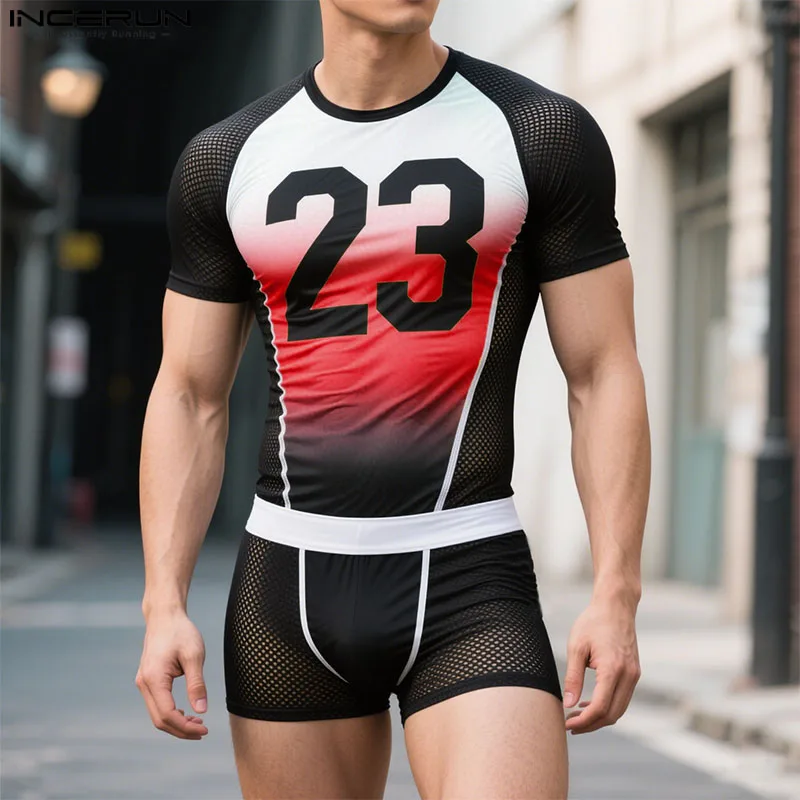 

INCERUN Men Sets Printing Gradient Mesh Patchwork O-neck Short Sleeve T Shirt & Shorts 2PCS Summer See Through Sexy Men's Suits