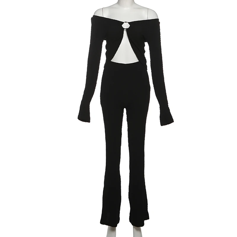 Two Piece Set Women Knitted Tracksuits Sexy Long Sleeve Cut Out Cardigan Top+High Waist Flare Pants Outfits 2025 Fall Winter
