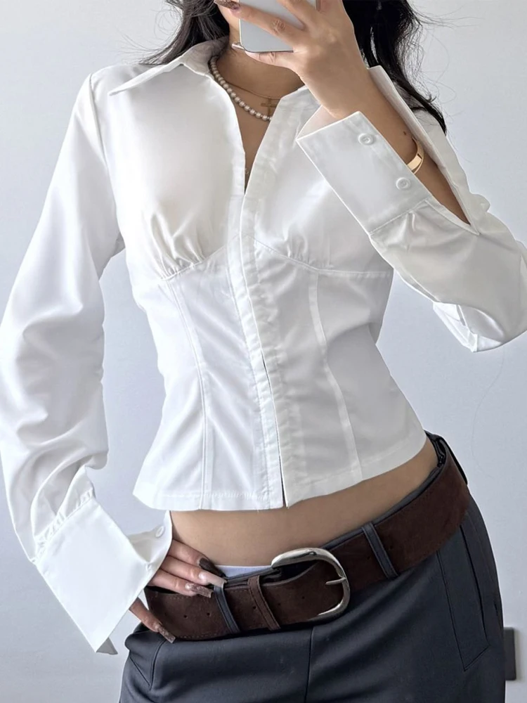 

Women's Slim Fit Corset Blouse Long Sleeve Button Down Crop Shirt White Office Workwear Bodycon Top 2026 Spring Casual Shirts