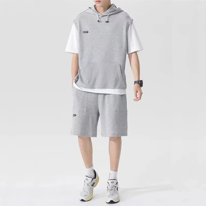 Summer Men\'s Large Size Sports Suit Breathable Casual Wear Wild High Street Chic Fake Two-piece Casual T-shirt + Simple Shorts