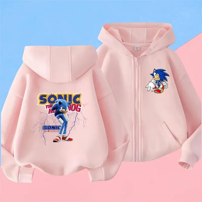 Kawaii Sonic zipper Hoodie Set for Girls Anime zipper Hoodies Pants 2pcs Kids Cartoon Teen Tracksuits Toddler Clothes Sport Suit