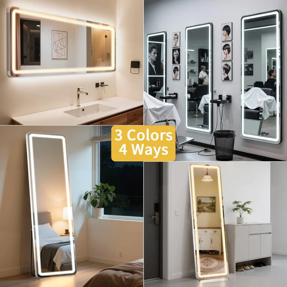 LED Illuminated Full-Length Mirror with Dimming and 3-Color Options, 63x20 Tall for Bedroom Use